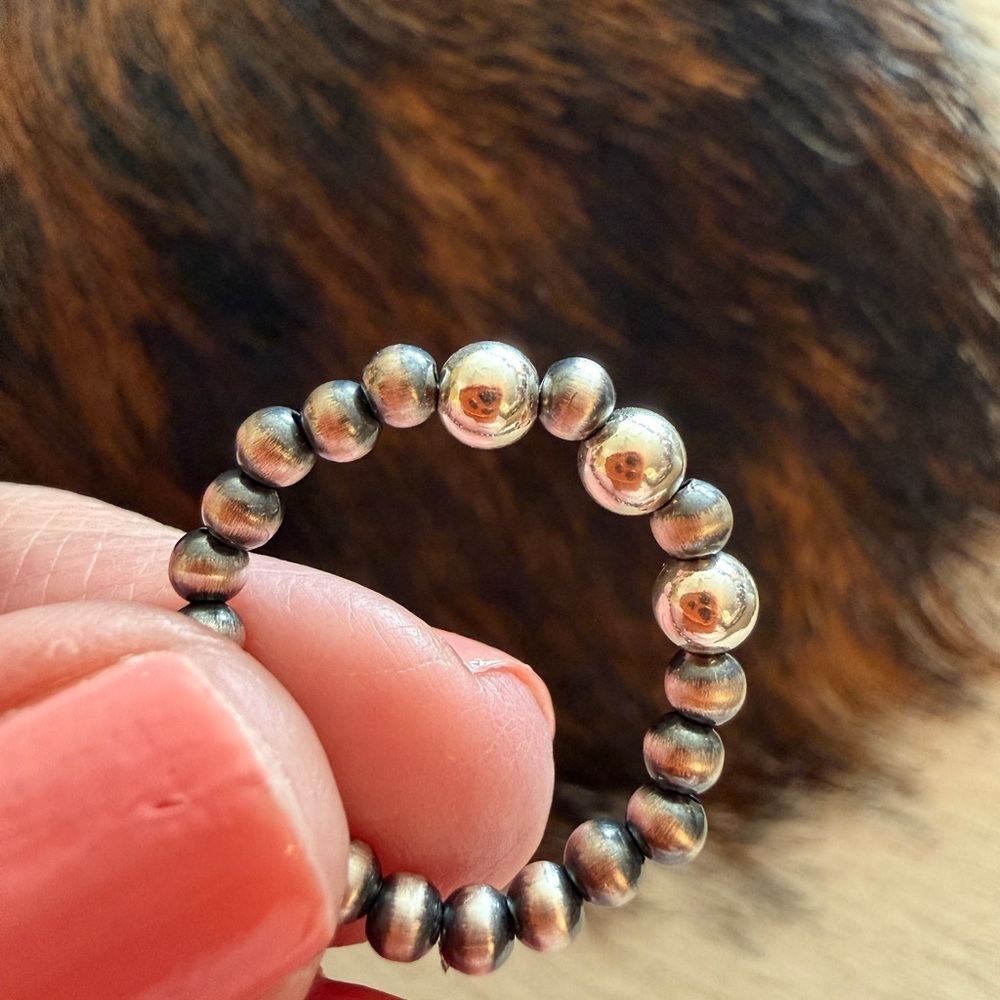 ❤️ 3mm Desert Pearl & Shiny Beads Sterling Silver Stretchy Adjustable Ring